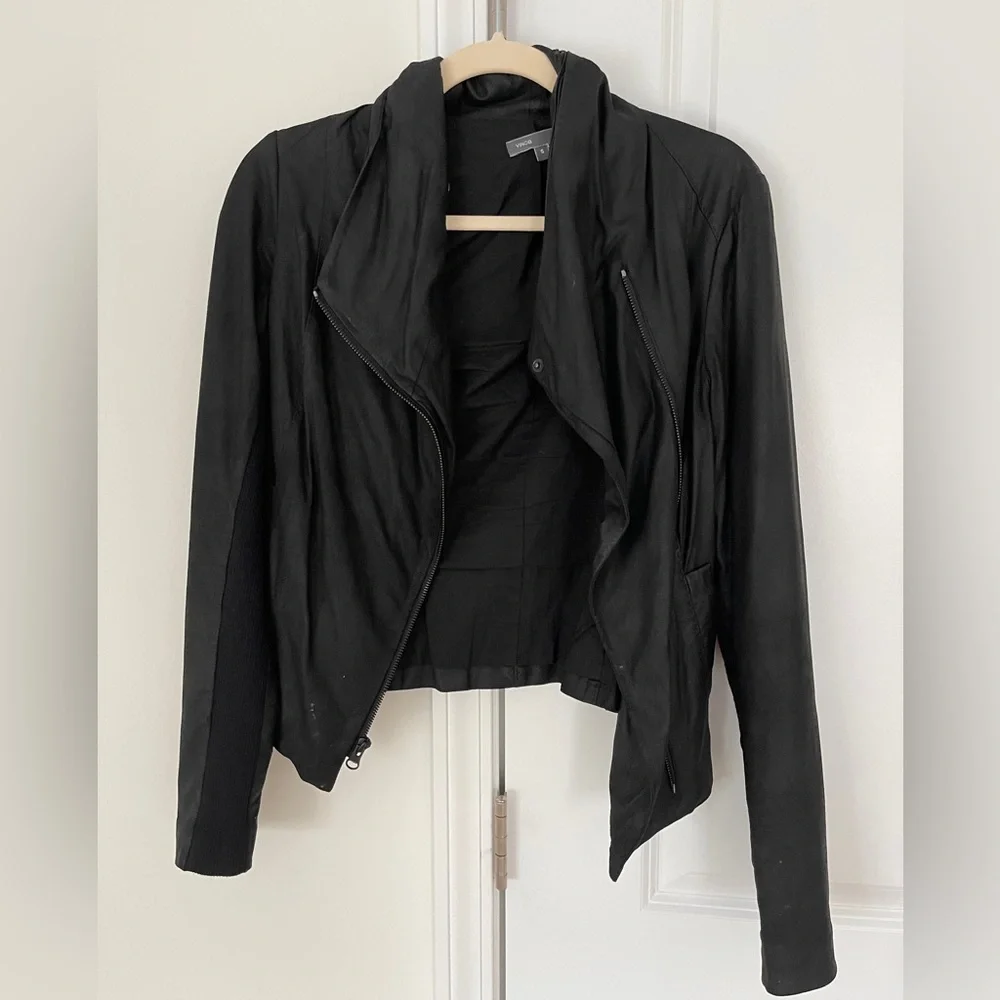 VINCE LAMBSKIN LEATHER WATERFALL DRAPE JACKET - Picture 1 of 8